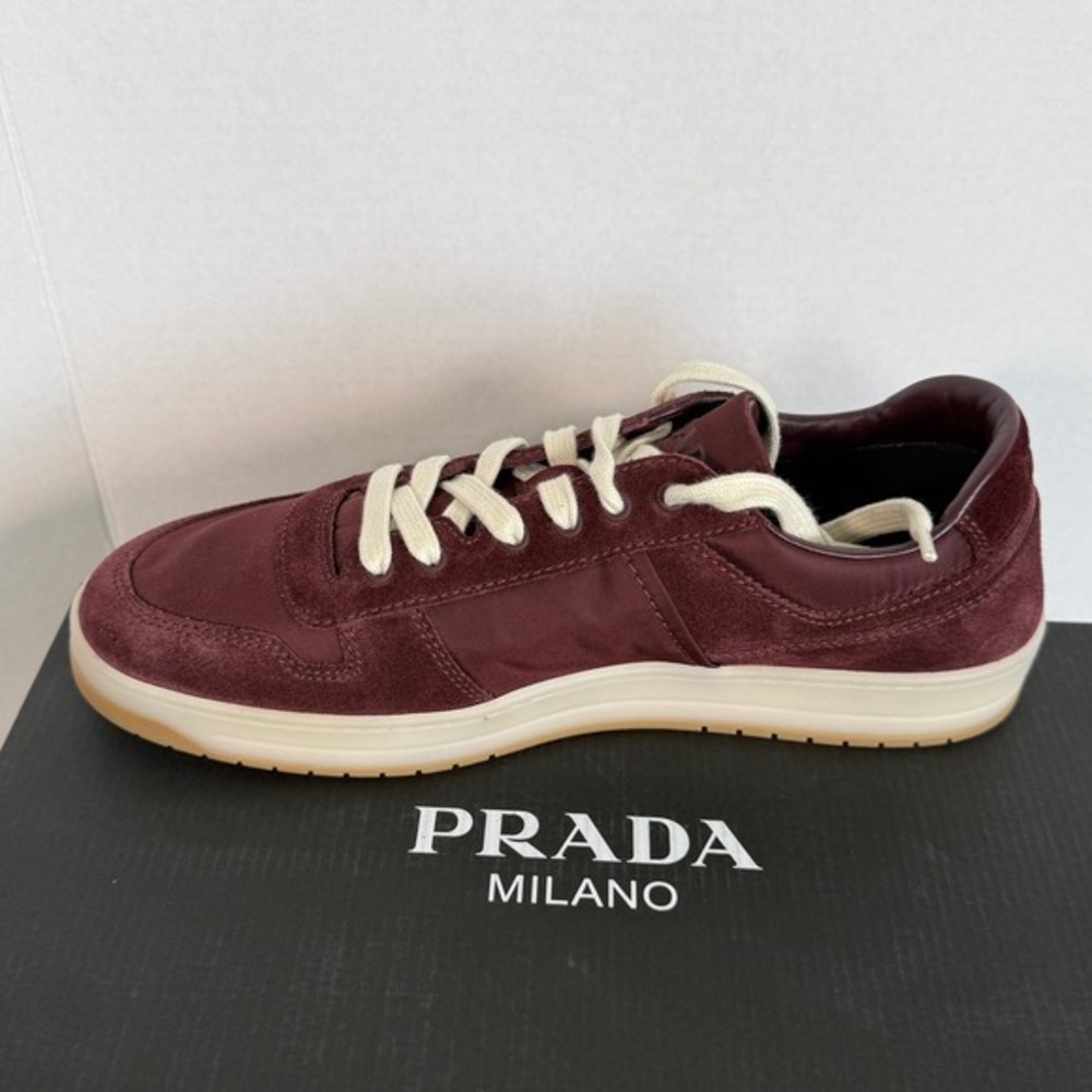 Prada Downtown Suede Nylon Low Top Sneakers Maroon 2EE364 UK 9.5  US 10.5